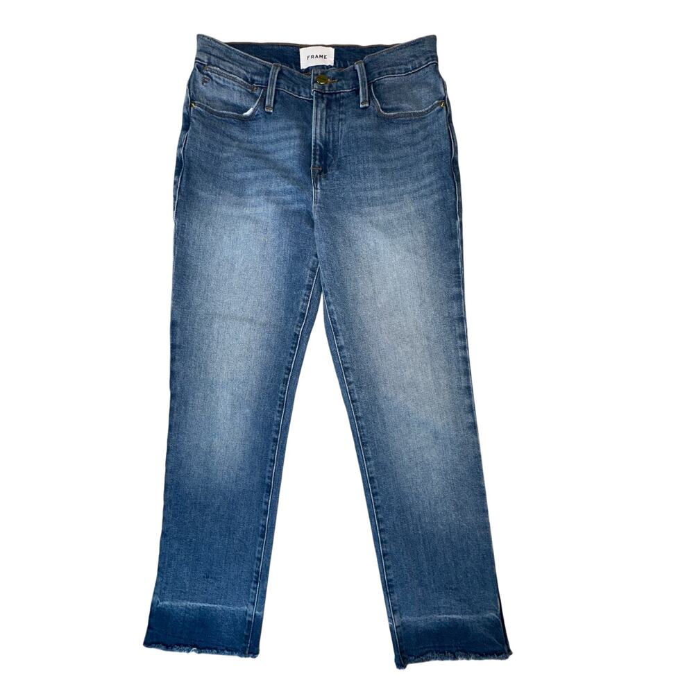FRAME Le‎ High Straight Jeans Womens Size 26 Blue Raw Hem Stretch Denim Mid Rise